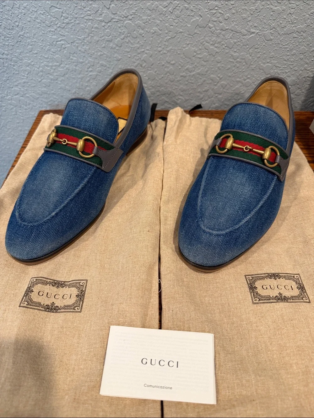 Gucci Blue Denim Horsebit Loafers with Green and Red Web
